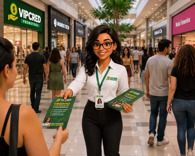 Atendente da VIPCRED Promotora distribuindo panfletos para clientes em um shopping
