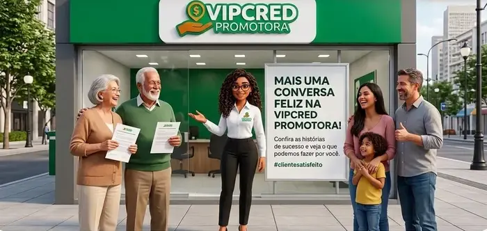 Cliente e família comemorando em frente a uma loja VIPCRED Promotora