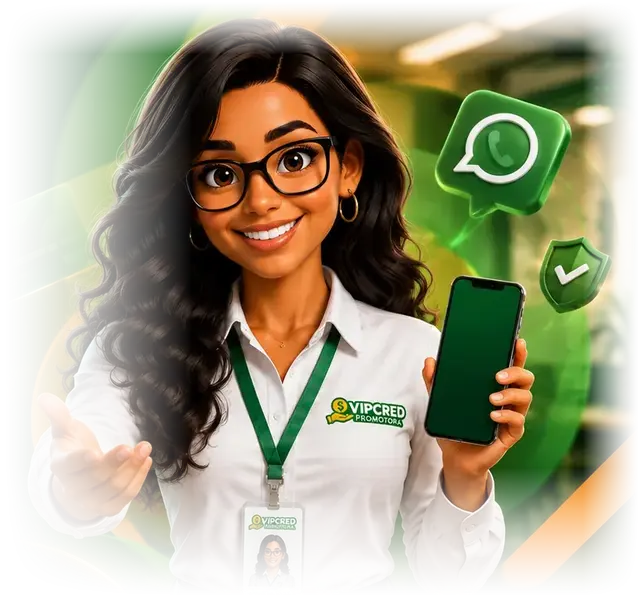 Atendente da VIPCRED Promotora com o celular na mão, pronta para atender pelo WhatsApp