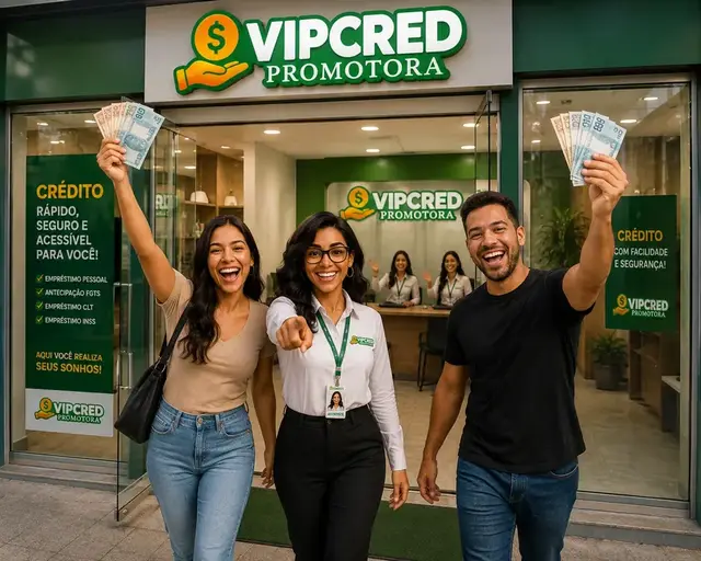 Fachada de uma loja VIPCRED Promotora com atendente e clientes